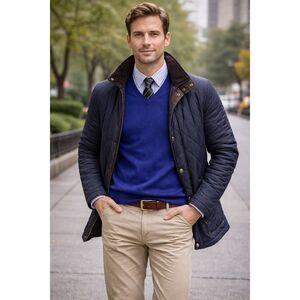 Woodland Mens Blue V-Neck Lambwool Long Sleeve Pullover Sweater Large